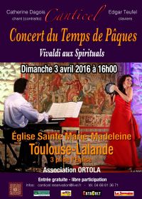 «Vivaldi aux Spirituals » avec Canticel          Grand Concert à l'église de Toulouse Lalande. Le dimanche 3 avril 2016 à Toulouse. Haute-Garonne.  16H00
